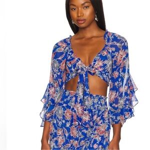 NWT MISA Los Angeles Ancora Blue Floral Chiffon Tie Front Cropped Top Reg. $275